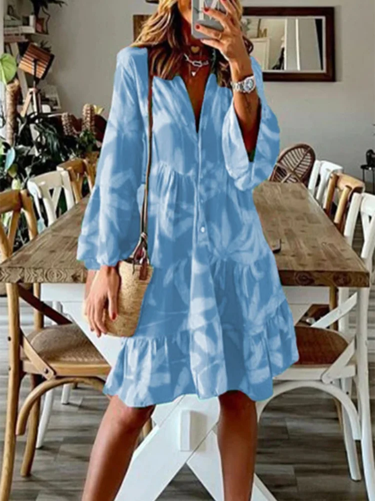 Spring Geometric Print Horn Long Sleeved V-neck Color Blocked Dress Women's High Waist Loose Casual Dresses