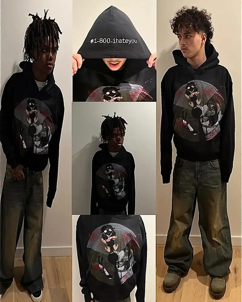 Y2k Streetwear Gothic Cartoon Letter Oversized Hoodie Men's Fashion Harajuku Loose and Versatile Long Sleeve Hoodie