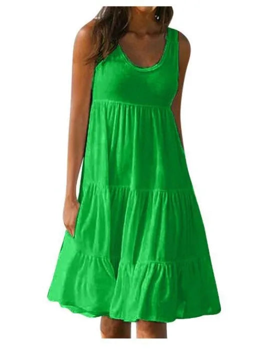 Women Causual O Neck Sleeveless Ruffles Mini Dress Boho Solid Beach Sundress Oversized Loose Dress 2023 Summer