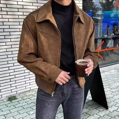 Versatile Vintage American Style Chamois Leather Jacket For Men Brown Coffee Maillard Matching Cropped Lapel Autumn Winter Seaso