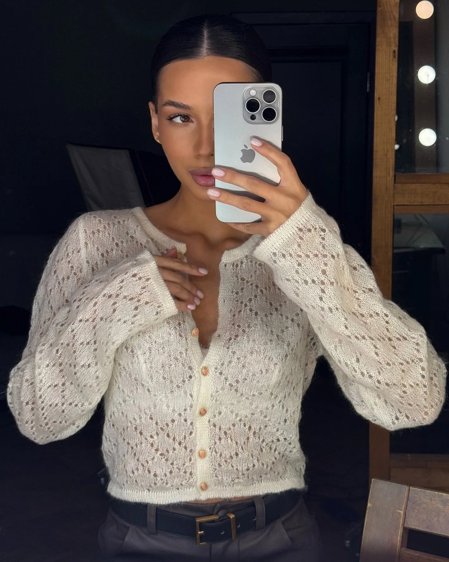 Tossy Summer Knitwear Hollow Out Cardigan Female Long Sleeve Casual Cropped Top Patchwork See-Through Knit Cardigan Outwear 2025