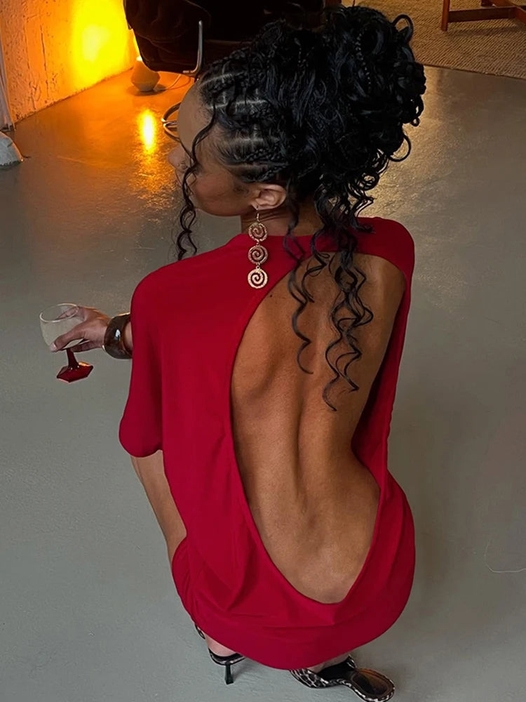 Cutenew Solid Backless Women Mini Dress Trend Summer Sexy Chic Half Sleeve Crew Neck Body-shaping Frock Mujer Simple Party Wear