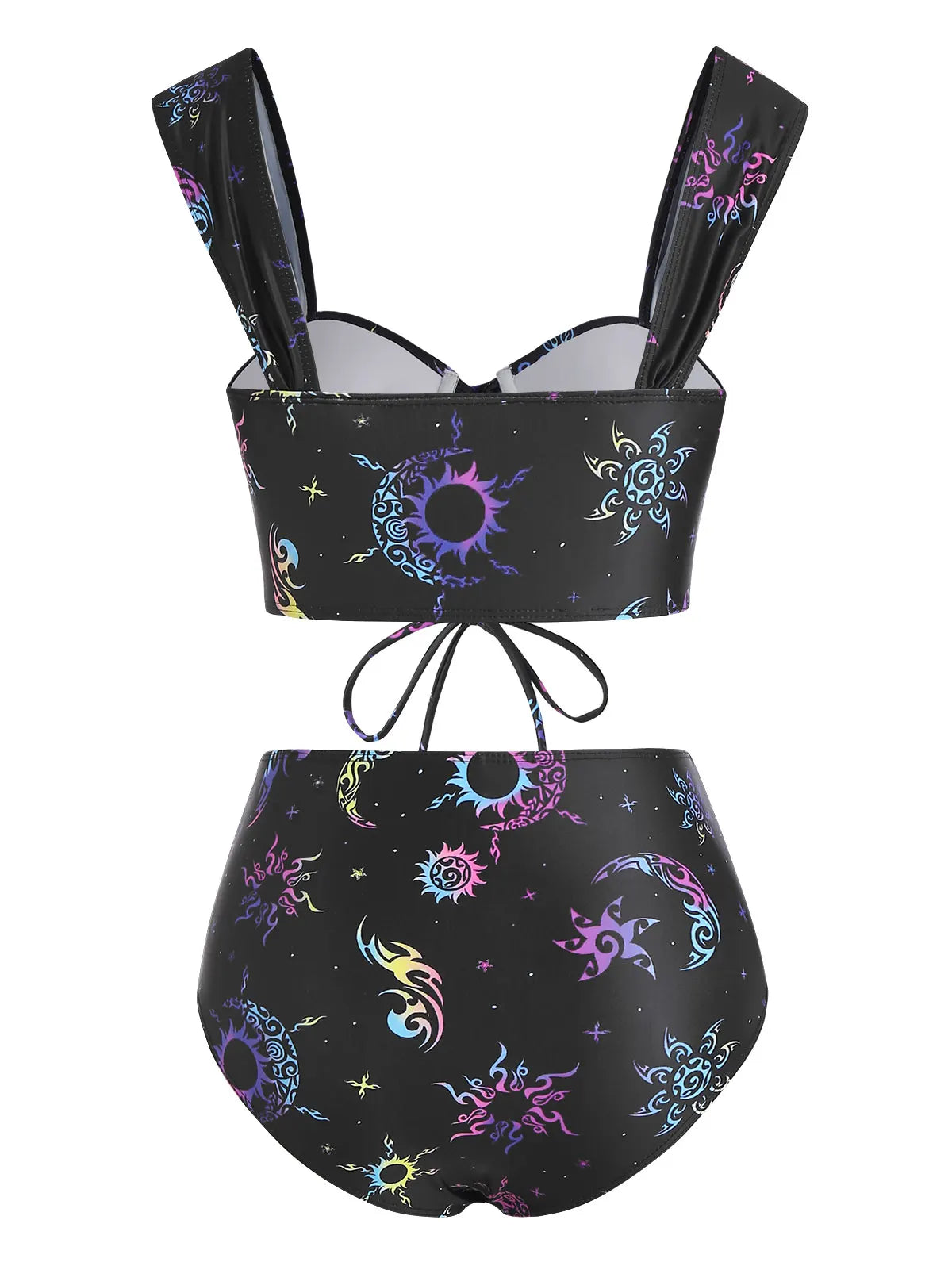 Dressfo Women's Vintage Tanknini Swimsuit Sun Moon Print Lace Up Cut Out Ruched High Waist Bottom Push Up Underwire Swimwear