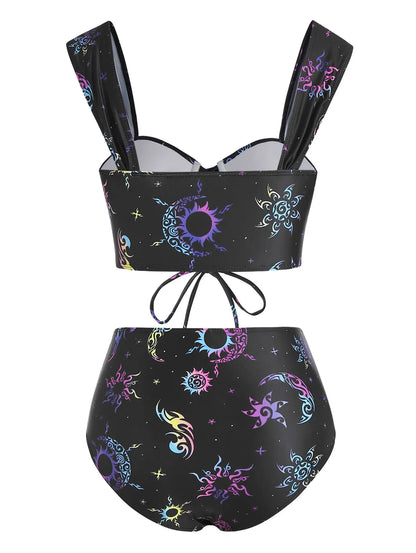 Dressfo Women's Vintage Tanknini Swimsuit Sun Moon Print Lace Up Cut Out Ruched High Waist Bottom Push Up Underwire Swimwear