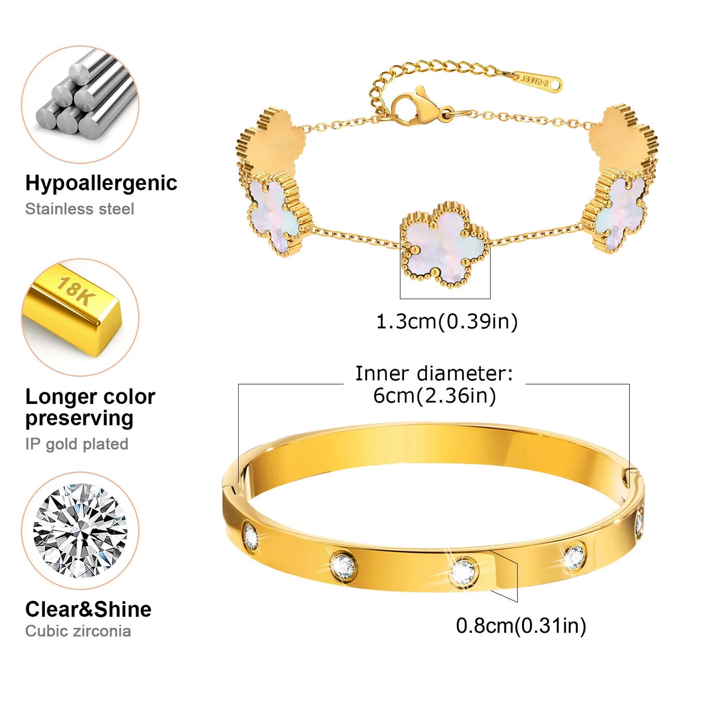 Vnox Exquisite 13mm Clover Bracelet Set for Women, Love Gift Bracelets for Wife Mothers Day Jewelry, Stainless Steel Cuff Bangle Badiee Stylez