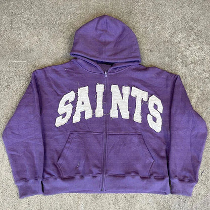 Y2K New European and American Fashion High Street Trendy Sweatshirts Hip Hop Zipper Jacket for Men Letter Patch Loose Hoodies Purple top