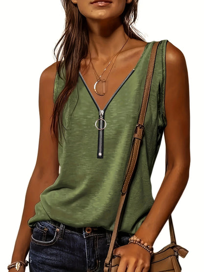 Versatile Women's V-Neck Half-Zip Tank Top - Casual All-Season Wear with Durable Stretch Fabric army green