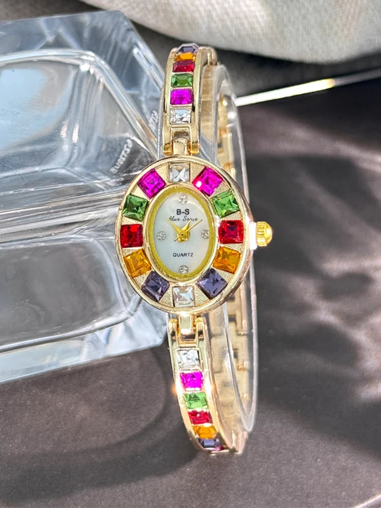 Color zircon advanced sense diamond set women's watch niche bracelet bracelet Small exquisite quartz watch cross-border hot sale
