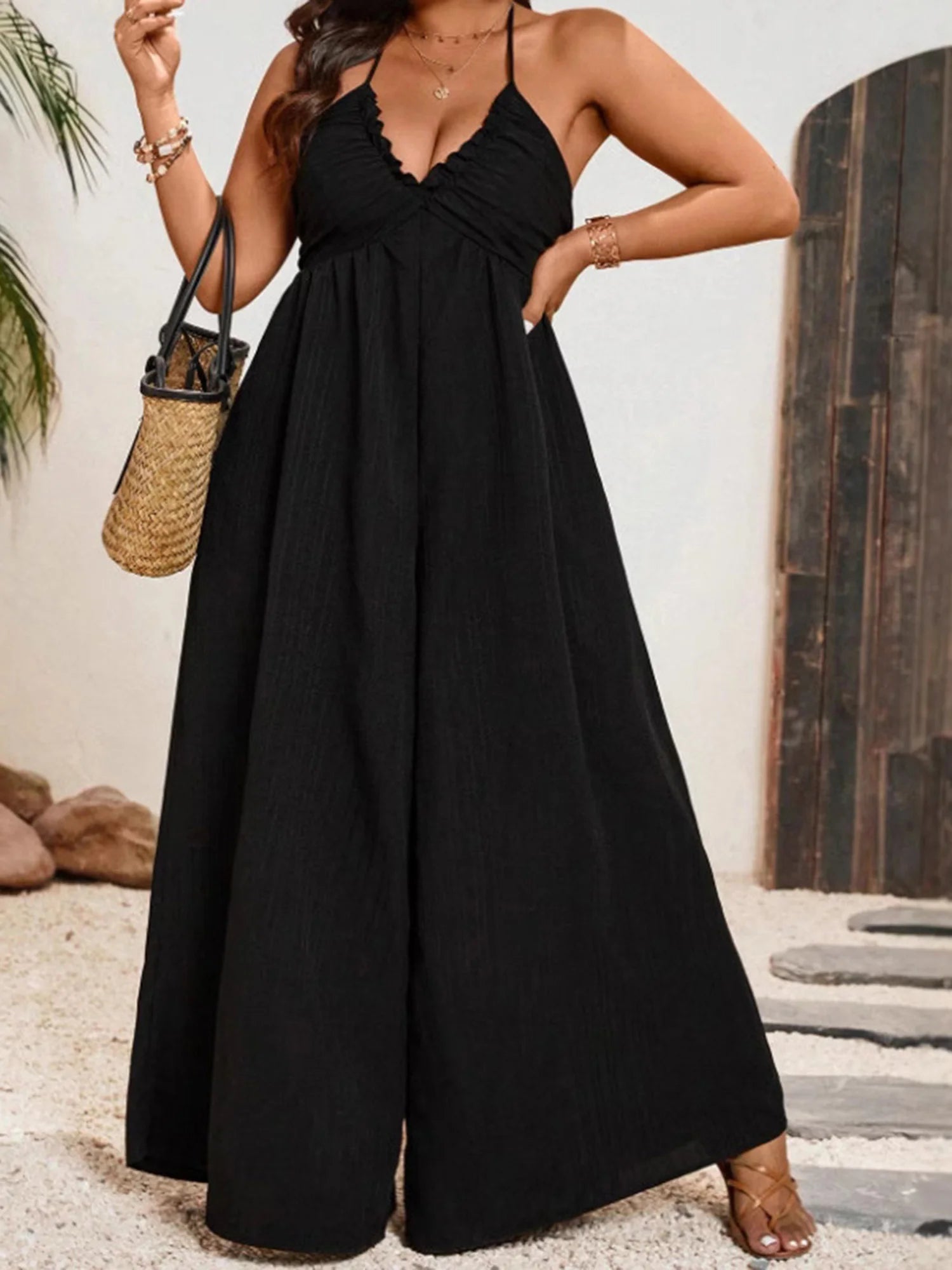 Women Plus Size Rompers Solid Color Sleeveless Halter Neck V-Neck Tie-Up Wide-Leg Jumpsuits Overalls for Summer Fashion