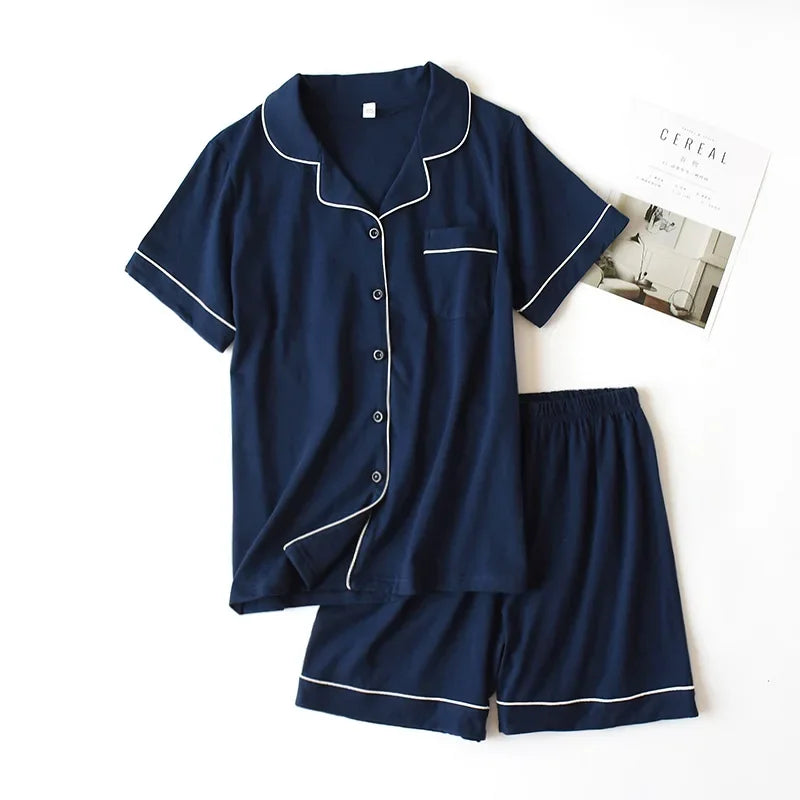 Summer 2025 new cotton couple pajamas suit female short-sleeved shorts men's pajamas thin home service suit pyjamas women pink Female cyan