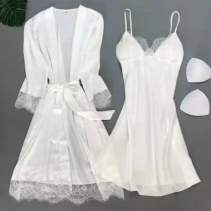 White 5PCS Sleep Set Pajamas Lady Lace Satin Pyjamas Kimono Bath Gown Loose Sleepwear Home Cloting V-Neck Casual Nightwear White B