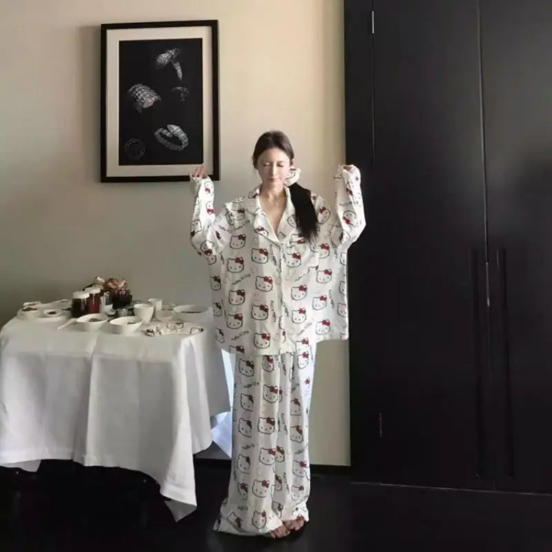 Hello Kitty Pajama Set Cute Cartoon Long Sleeve Sleep Clothing Sanrio Home/Outdoor Loungewear Pajamas Birthday Gift