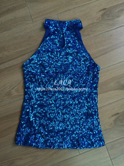 Sequins Women Fashion Shimmer Flashy Embellished High Quality Halter Neck Sleeveless Vest Sexy Tank Top Clubwear Stage Perform DEEP BLUE One Size