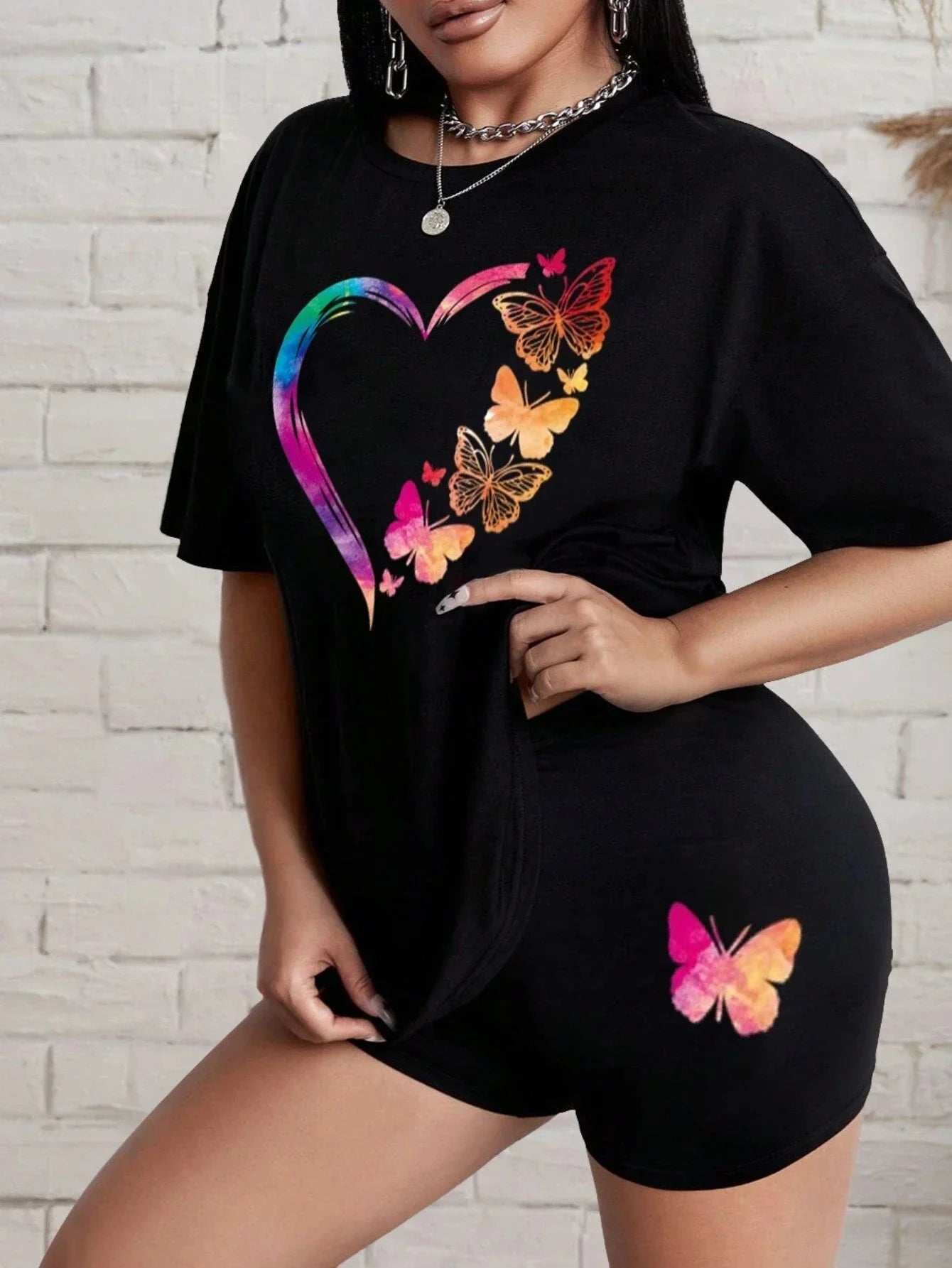 The Love Strung Together By Butterflies Printing Women T Shirts Two Piece Set Fashion Short Sets Comfortable Basic Shirt Shorts Badiee Stylez