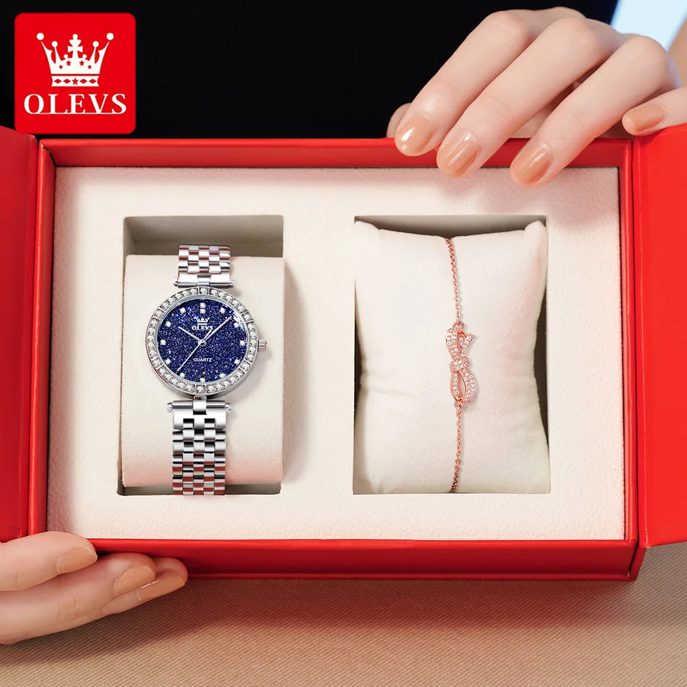 OLEVS 3641 Women Watch Elegant Quartz Watch Starry Dial Waterproof Luminous Diamond Bezel Ladies Watch Bracelet Set Ladies' Gift Silver Blue-Set CHINA Yes
