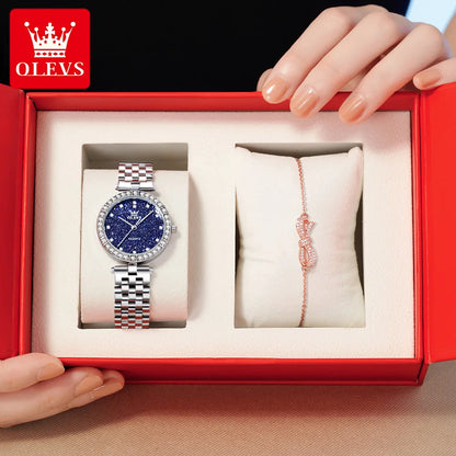 OLEVS 3641 Women Watch Elegant Quartz Watch Starry Dial Waterproof Luminous Diamond Bezel Ladies Watch Bracelet Set Ladies' Gift Silver Blue-Set CHINA Yes