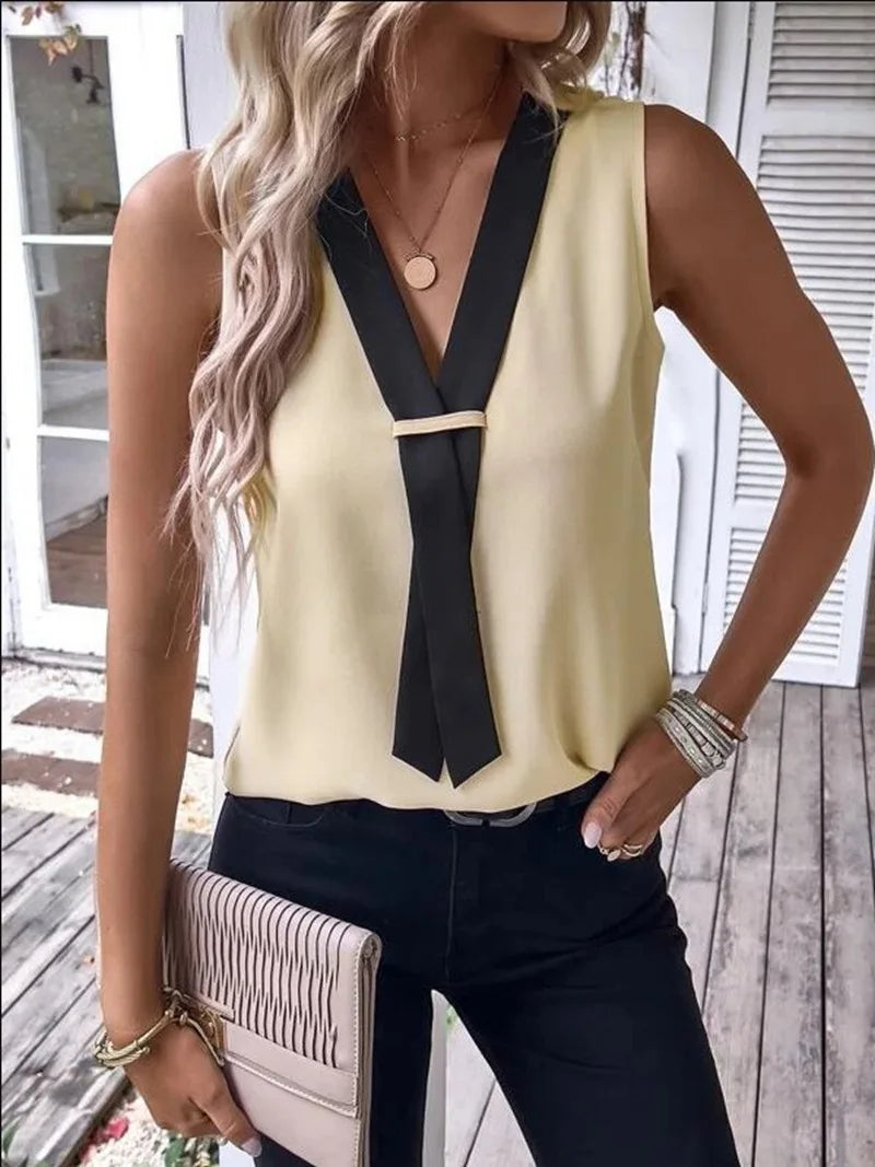 Fashion Sleeveless V-neck Tank Top Women Solid Casual Blouse Shirt 2023 Summer Elegant Office Womens Tops And Blouses