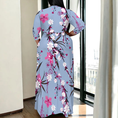 Plus Size Dress for Women - 3/4 Sleeve V-Neck Maxi Dress for Women with Belt and Pockets