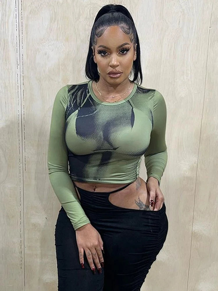 Weird Puss Sexy Print Women Crop Top Long Sleeve O Neck 2023 SpringTrend Skinny Wild Stretchy Vintage Midnight Streetwear Tees green