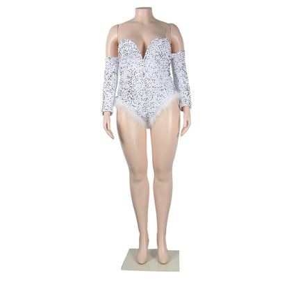 Women's Elegant Sequined Feather Slim Patchwork Bodysuits Spring Summer New Sexy Bodysuits Women Long Sleeve Backless Bodysuits