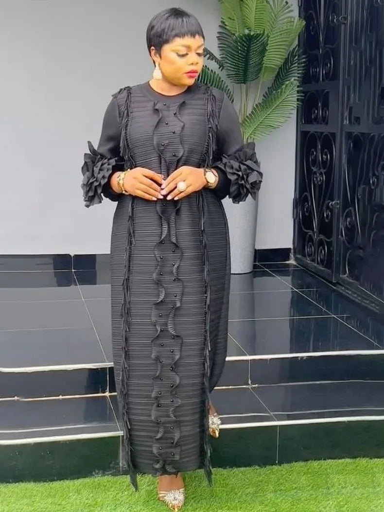 EGRM Miyake Pleated Dress Round Collar Full Sleeve Ruffles High Stretch Loose Dresses for Women 2025 New Autumn Clothing 2G3113