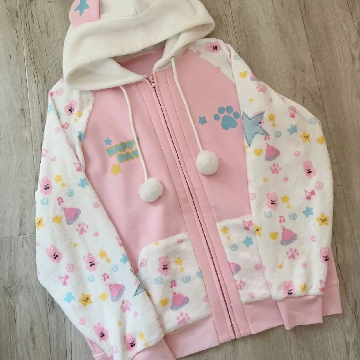 Harajuku Zip Hoodies Women Japanese Sweet Lolita Sweatshirts Kawaii Cartoon Print Y2k Hooded Overcoat Korean Fashion Clothes Top pink