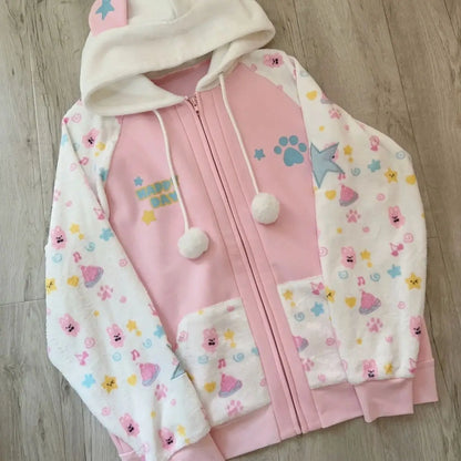 Harajuku Zip Hoodies Women Japanese Sweet Lolita Sweatshirts Kawaii Cartoon Print Y2k Hooded Overcoat Korean Fashion Clothes Top pink