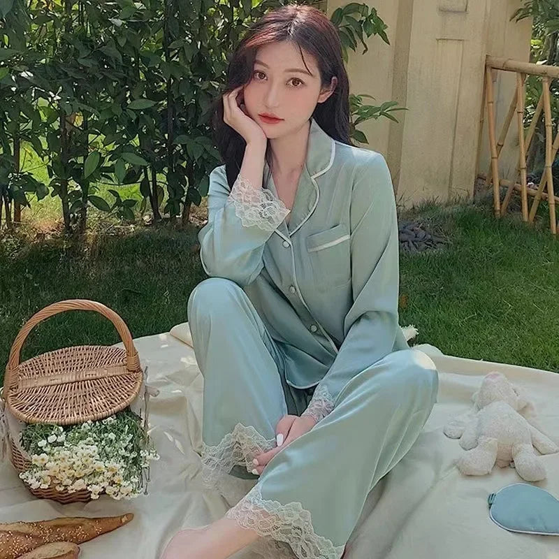 Women's Gray Ink Painting Ice Silk Pajamas Ladies Spring and Autumn Thin Long-Sleeved High-End Sleepwear Loungewear Cherry Print