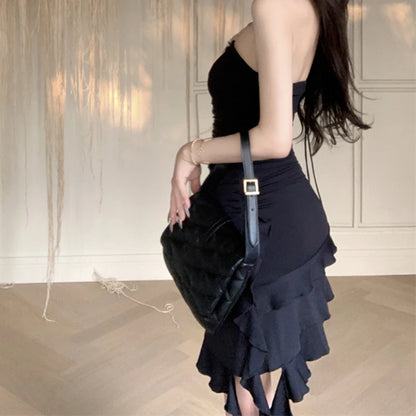 Comhasaki Women's Y2K Vintage Coquette Strapless Layered Ruffled Asymmetrical Hem Clubbing Slim Fit Bodycon Tube Top Mini Dress