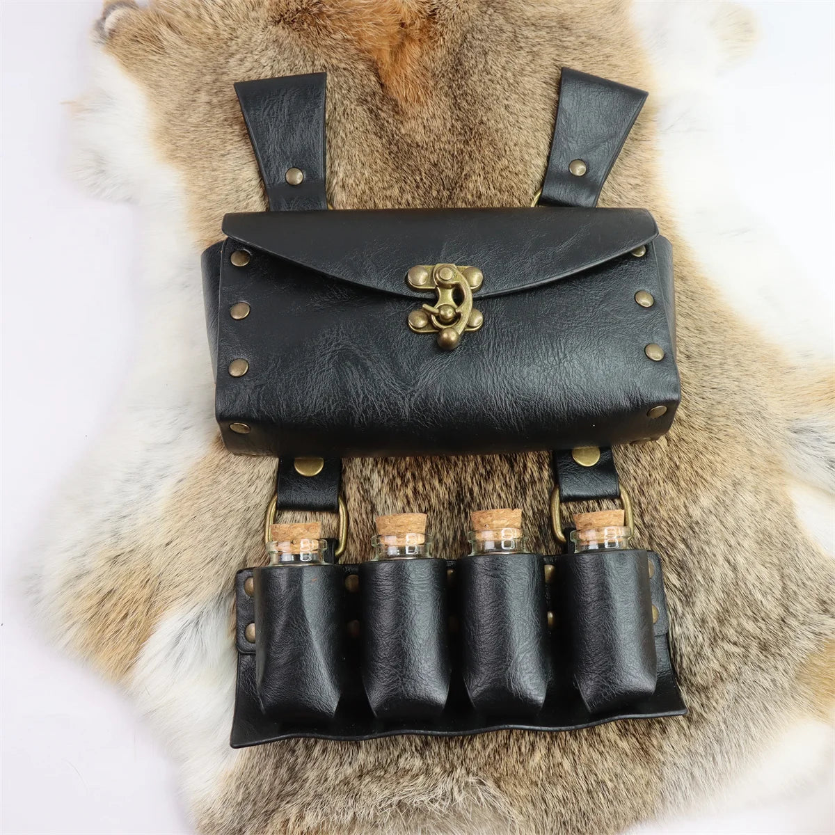 Renaissance Leather Belt Medieval Wizard Alchemy Glass Magic Bottle Cork Bottle Stopper Copper Coin Waist Bag Cosplay Belt Badiee Stylez