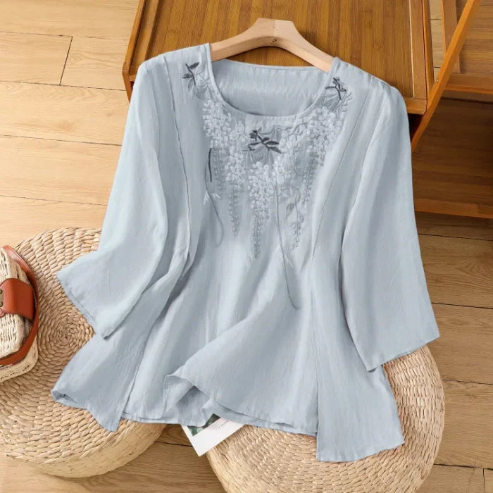Thin Streetwear Vintage Clothes Ethnic Style Cotton Linen Shirts for Women Clothing Top Tshirt Tees Fashion Casual Embroidery SKY BLUE