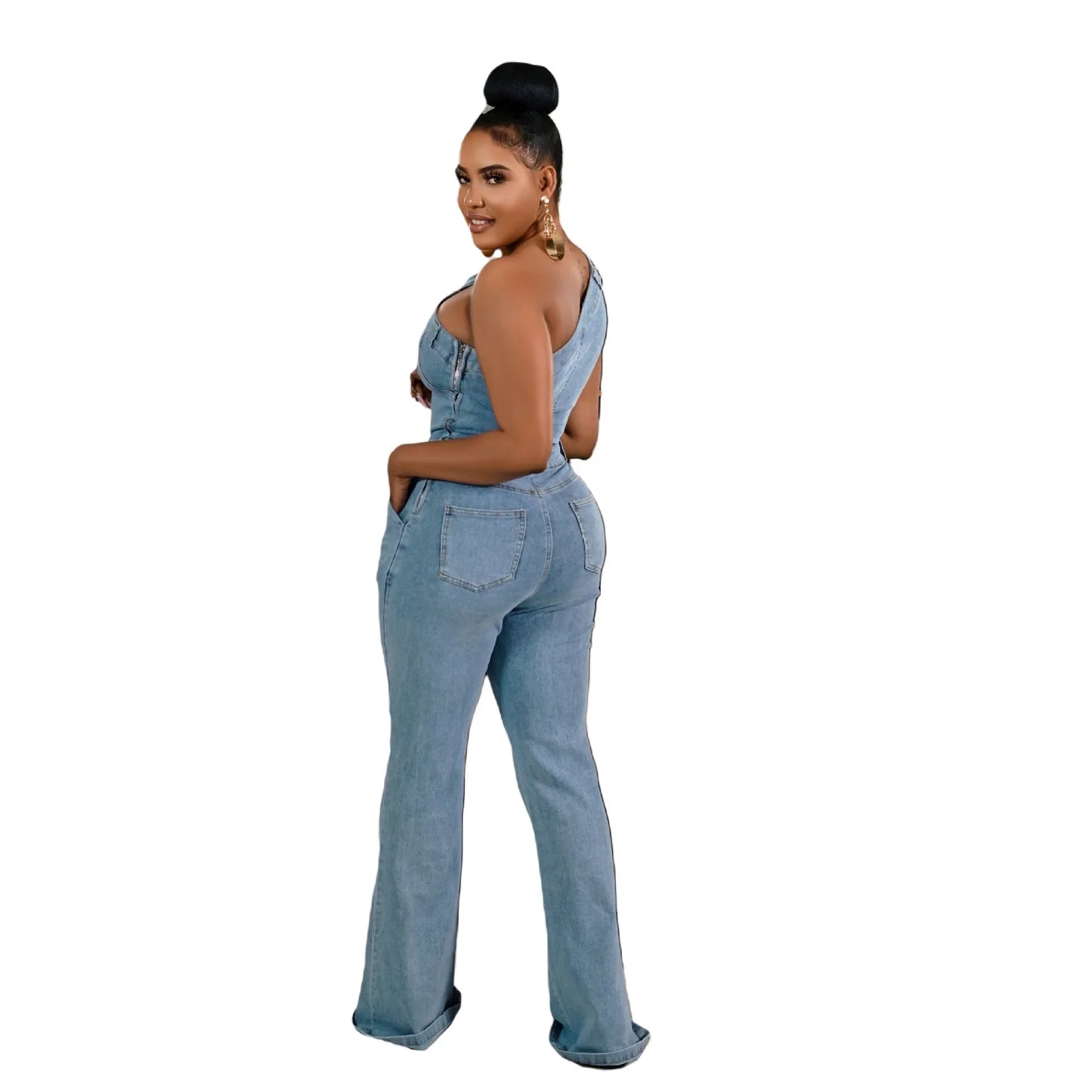 Flare Denim Pants Full Length Women Jeans One Piece Overalls Spliced Solid Jumpsuits Loose Pockets High Waist Basics Washed