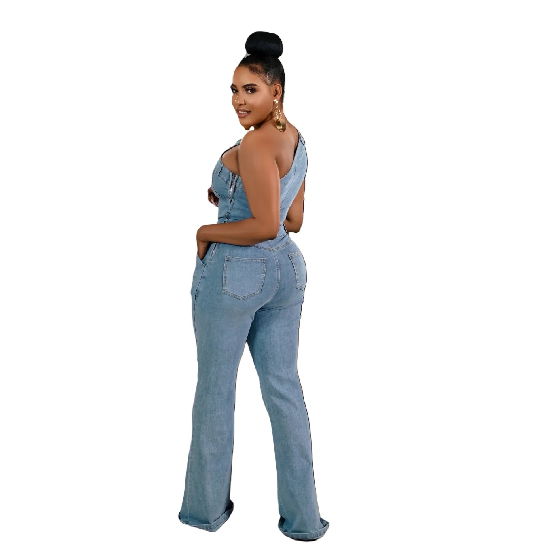 Flare Denim Pants Full Length Women Jeans One Piece Overalls Spliced Solid Jumpsuits Loose Pockets High Waist Basics Washed