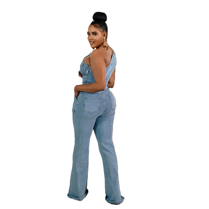 Flare Denim Pants Full Length Women Jeans One Piece Overalls Spliced Solid Jumpsuits Loose Pockets High Waist Basics Washed