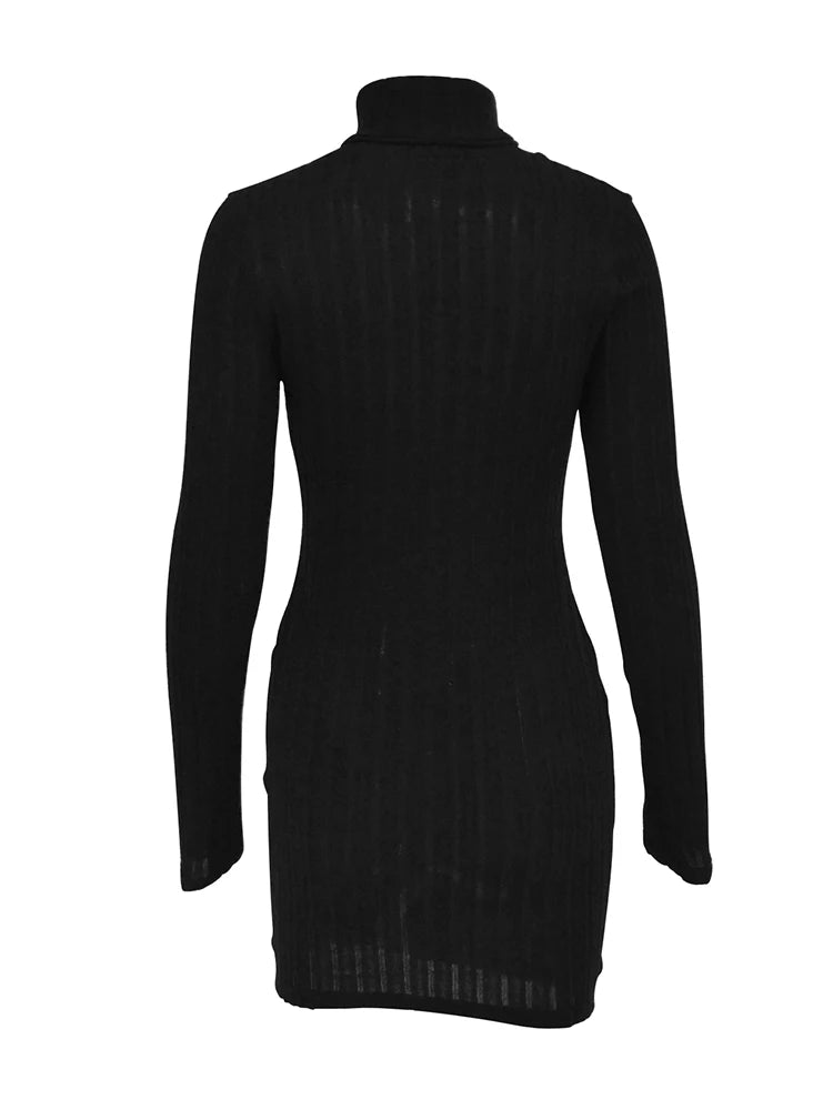 New Solid Dress Women Elegant Party Autumn Winter Turtleneck Long Sleeves Sexy Sheath Mini Dresses Bodycon Club Knitted Dress