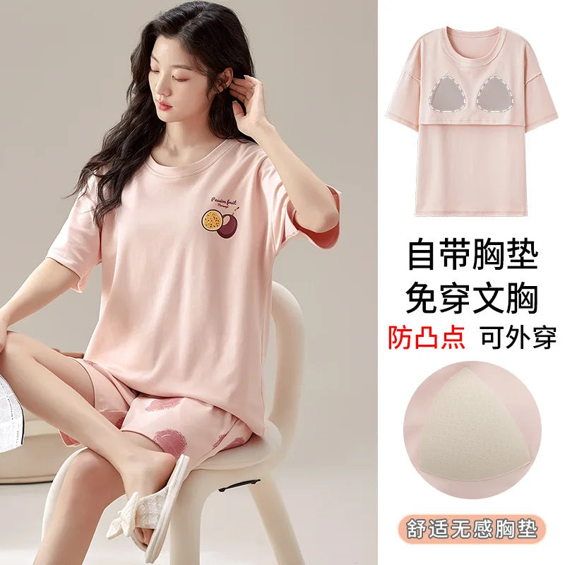 Summer 100% Cotton Women's Pajamas With Padded Bra Sweet Princess Cartoon Comfortable Short Sleeve Shorts Pajama Sets D1043 CHINA