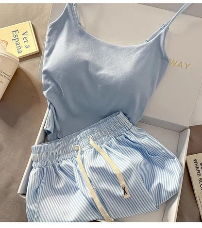 Striped Sleepwear Women Pajama Sets Spaghetti Strap Piiama Shorts Sets 2 Pieces Korean Night Wears Summer Cute Home Suit 2025