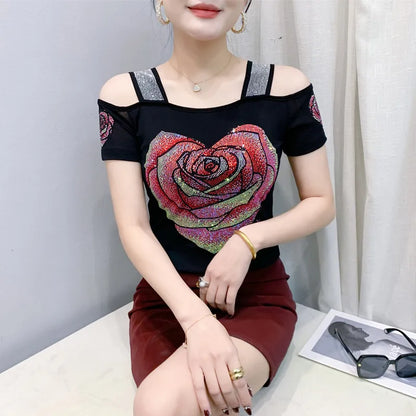 New Arrival Summer European Clothes Women's T-Shirts Chic Luxury Butterfly Hot Diamonds Tees Sexy Girl Slim Streetwear Tops Picture color 5