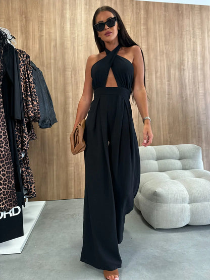 Sexy Solid Sleeveless Jumpsuit Spring Summer Fashion Commuter Women's Elegant Lapel Halter Neck Folds Wide Leg Trousers Jumpsuit Badiee Stylez