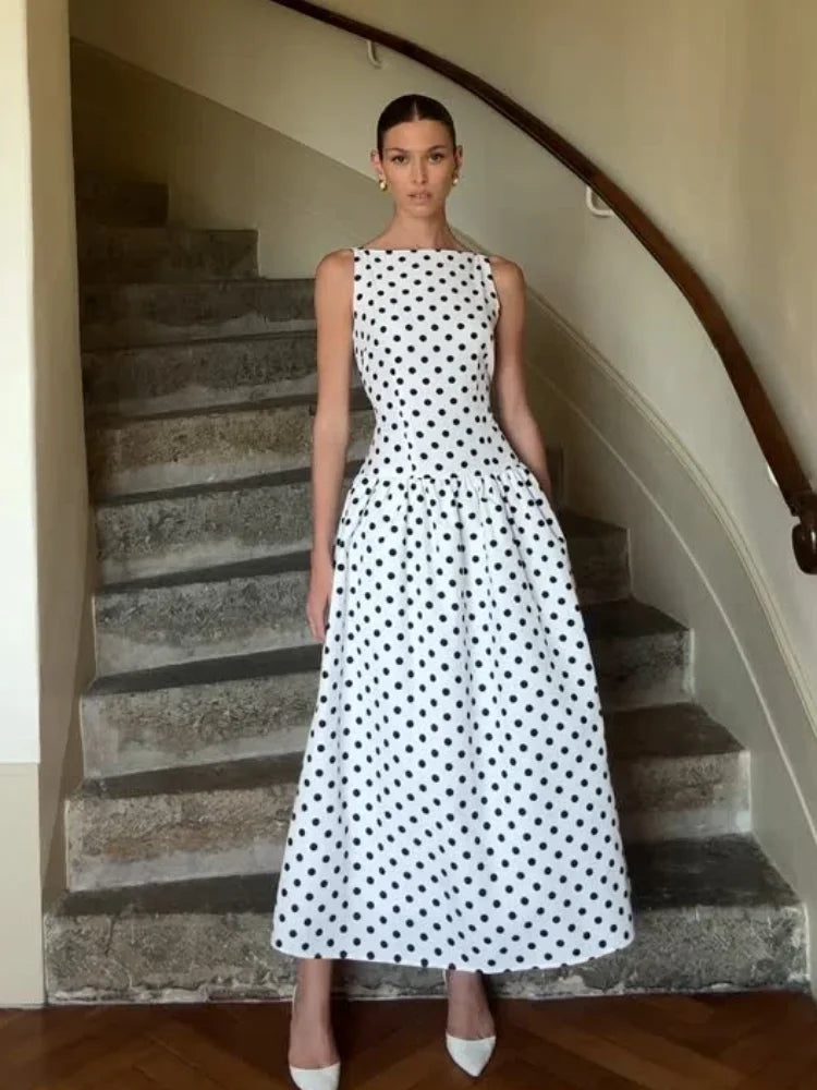 Fashion Polka Solid Slim Vestido Lady Elegant Chic Sleeveless Off Shoulder Pleat Square Neck Maxi Dress Summer Dinner Party Wear wave point