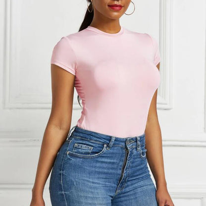 Solid One Piece Bodysuit Short Sleeve O Neck Sexy Open Basic Overalls Women Tight Fitting Body Top Skinny Female Pink