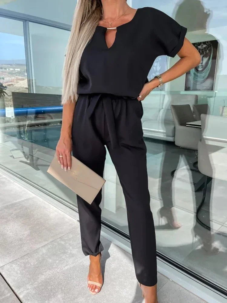 Jumpsuit Women 2023 Solid Color Short Sleeve V-neck Pocket Lace-up Pencil Long Pants Jumpsuits Summer Outfits Bodysuits Badiee Stylez