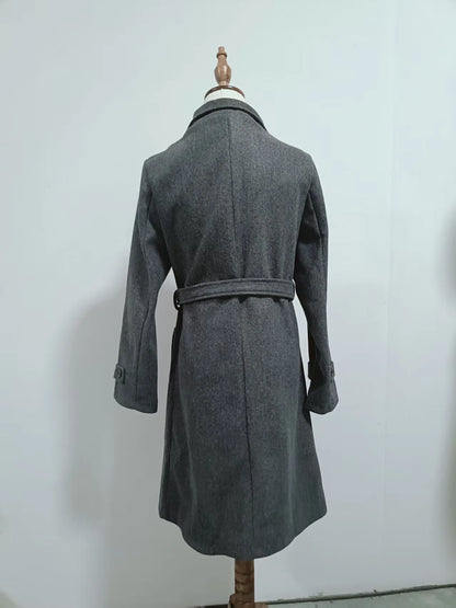 New Solid Color Button Long Wool Coat Autumn Warm Stand Collar Women Coat Fashion Ladies High Neck Pocket Belt Trench Coat