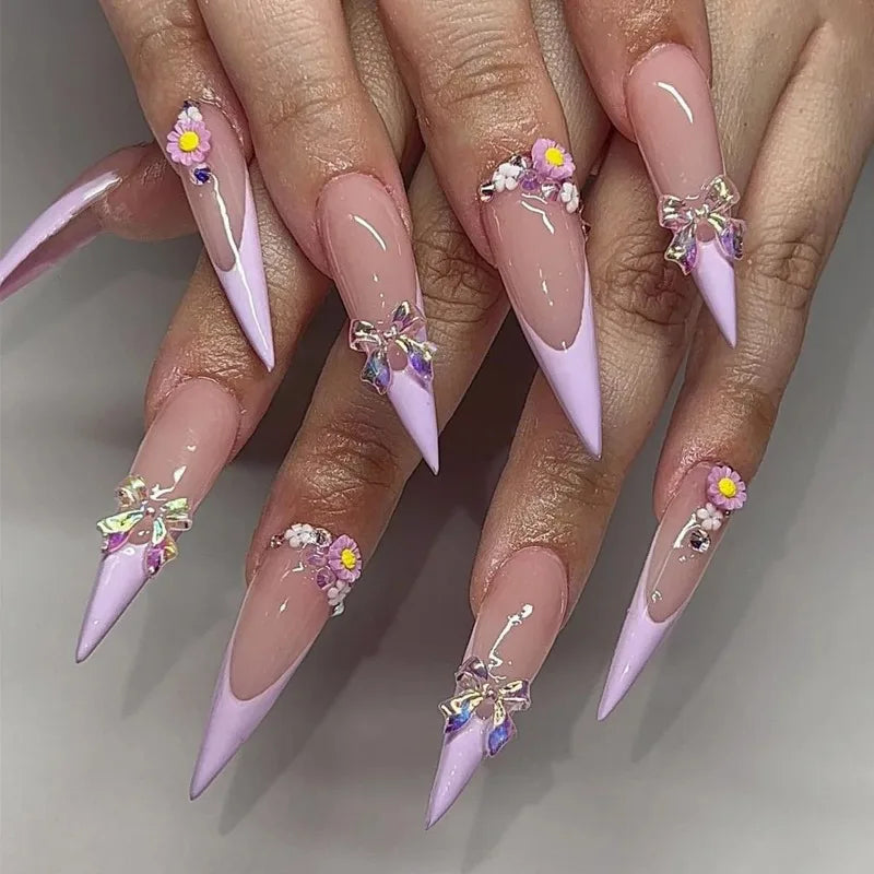 24Pc Long Stiletto Press on Nails Cherry Pink French False Nails with 3D Bow Pearls Design Detachable Acrylic Fake Nail Art Tips