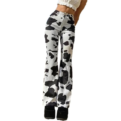 Cow Print High Waist Straight Jeans Women New Comfortable Casual Denim Pants Female Four Seasons Trousers 2024 Trend Streetwear