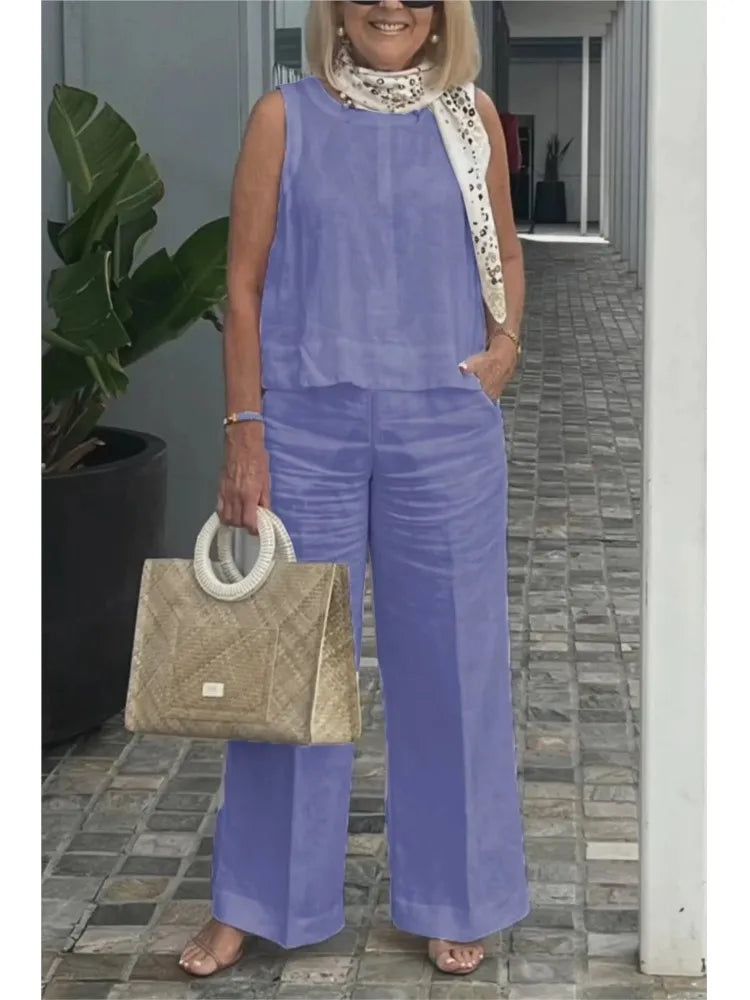 Spring Summer Cotton Linen Solid Color Sleeveless Vest Top Women Pants Suit Casual Pocket Elegant Female Office Retro 2Piece Set PURPLE