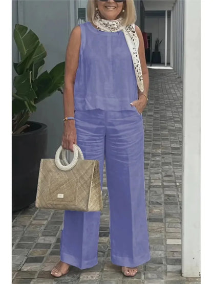 Spring Summer Cotton Linen Solid Color Sleeveless Vest Top Women Pants Suit Casual Pocket Elegant Female Office Retro 2Piece Set PURPLE
