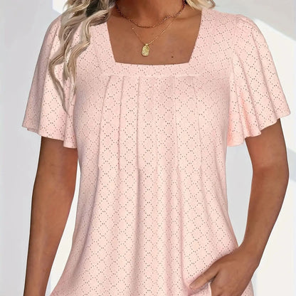 Plus size spring and summer fashionable and elegant hollow tops for women office wear loose ruffle sleeves versatile tops for PinK