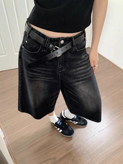 High Waist Black Retro Washed Denim Shorts Women's Harajuku Vintage Fashion Casual Loose Y2K Streetwear Mid Long Wide Leg Pants