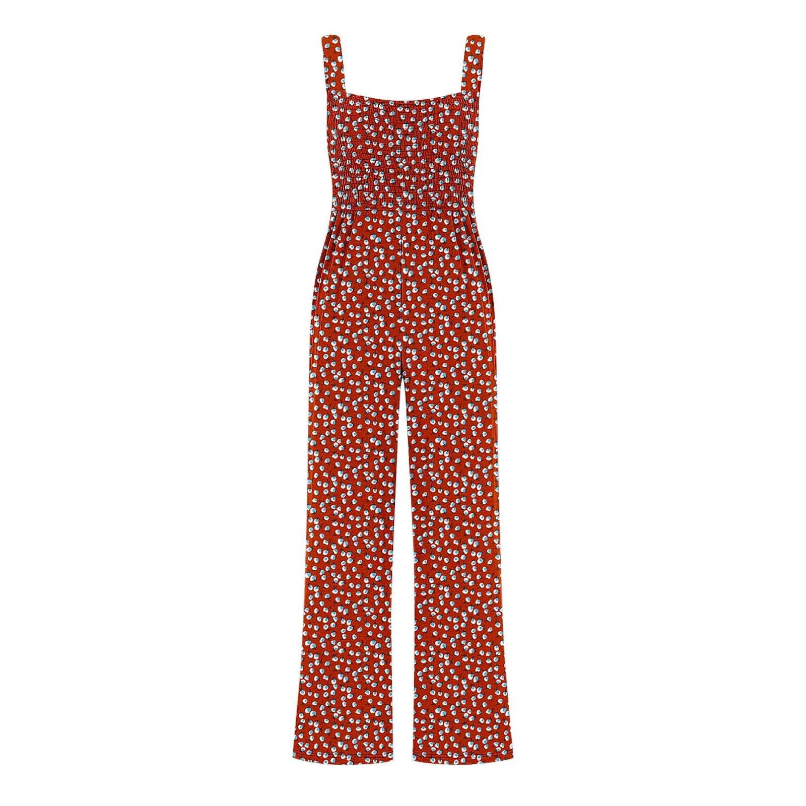 Women'S Suspender Jumpsuits Fashion Trend Pleated Shoulder Straps Printed Pocket Loose Wide Leg Jumpsuits Daily Casual All-Match